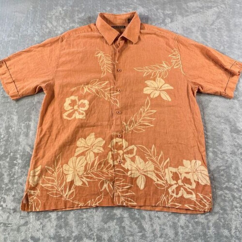 Cubavera Shirt Mens Size XL Orange Linen Tropical Floral Beach Vacation Resort